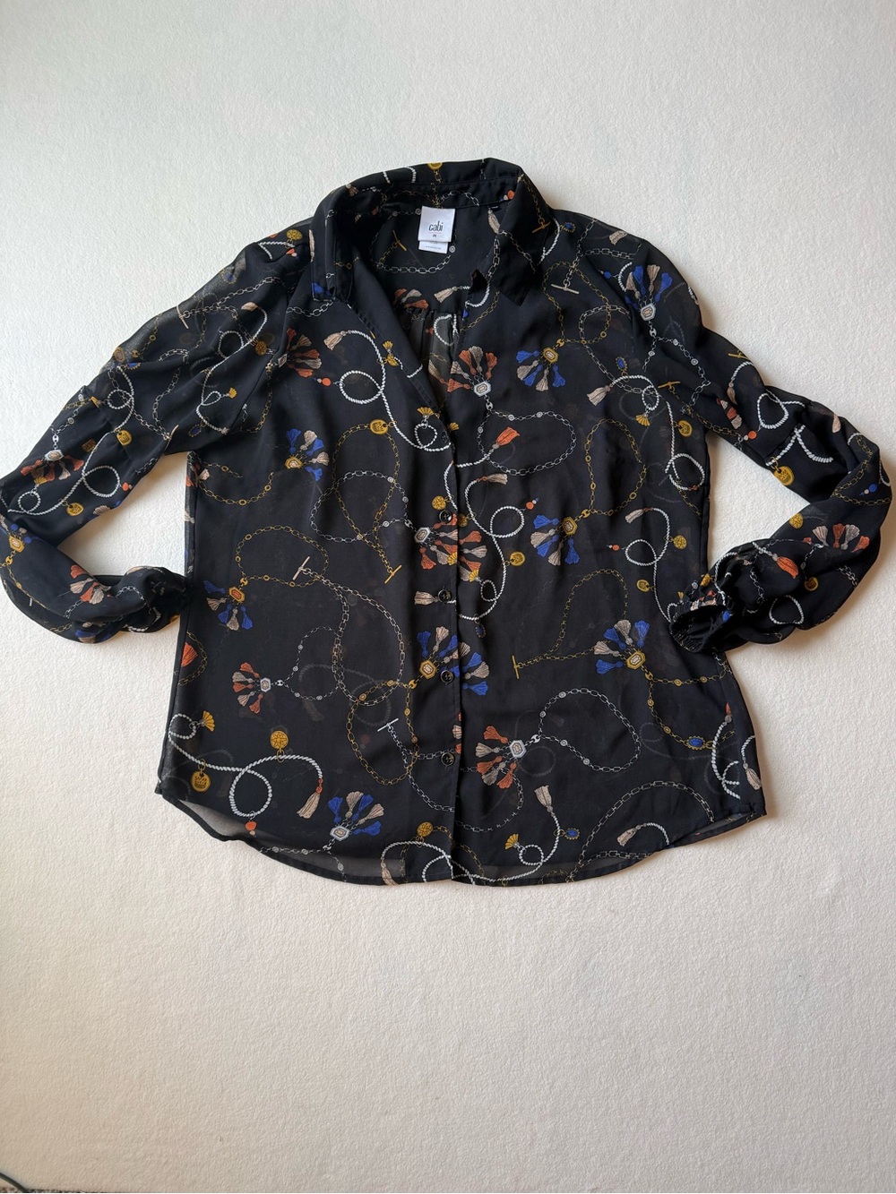 CAbi Victoria Sheer Blouse with Chain & Tassel Motif